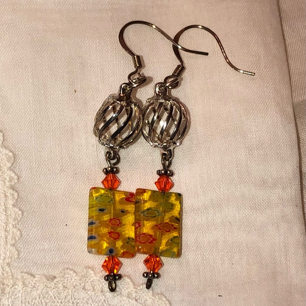 New Millefiori Italian Art Glass Silver Drop Dangle Earrings Yellow Vintage